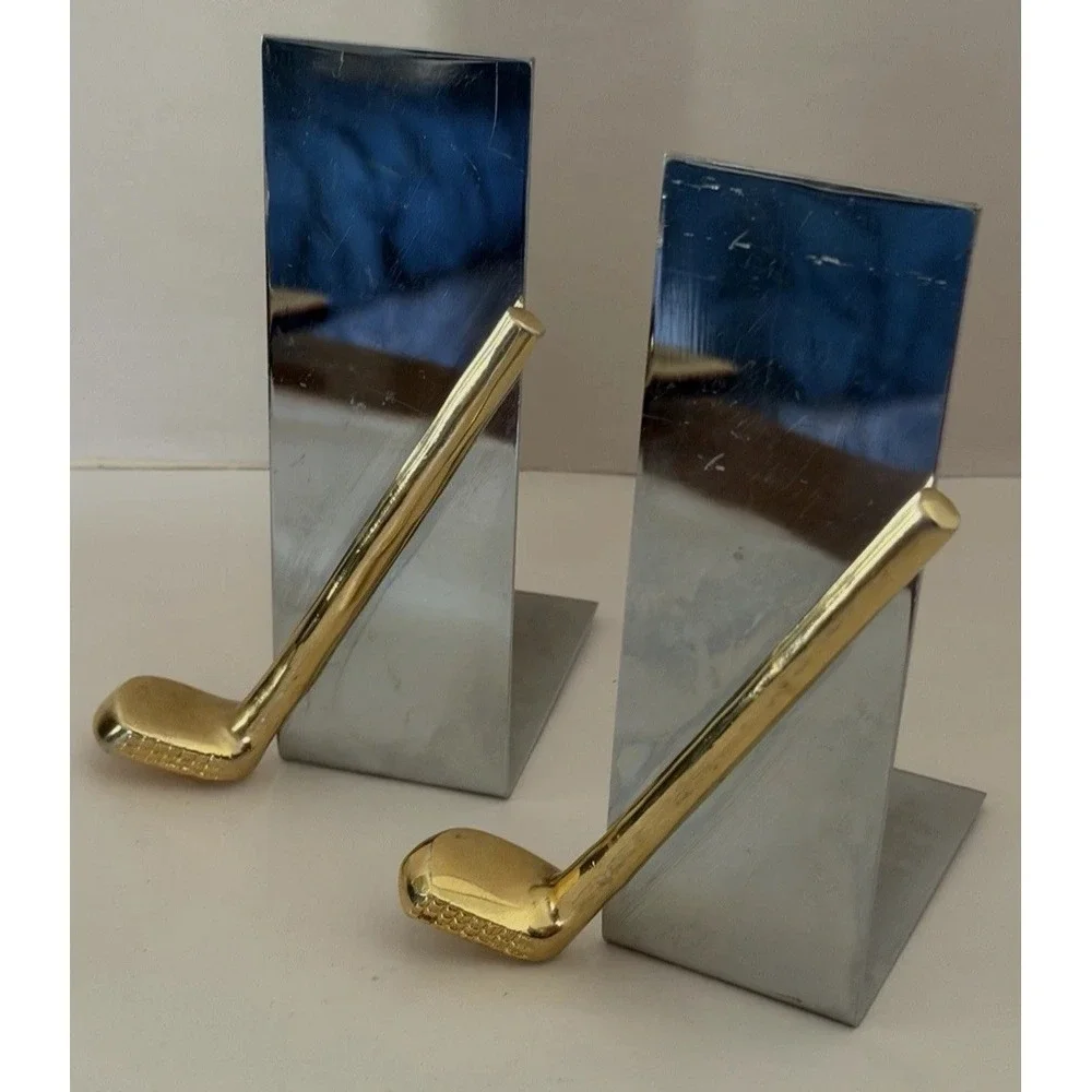 VTG MCM Chrome Golf Club Bookends Office Decor Silver Gold Metal Pair Retro Mod
